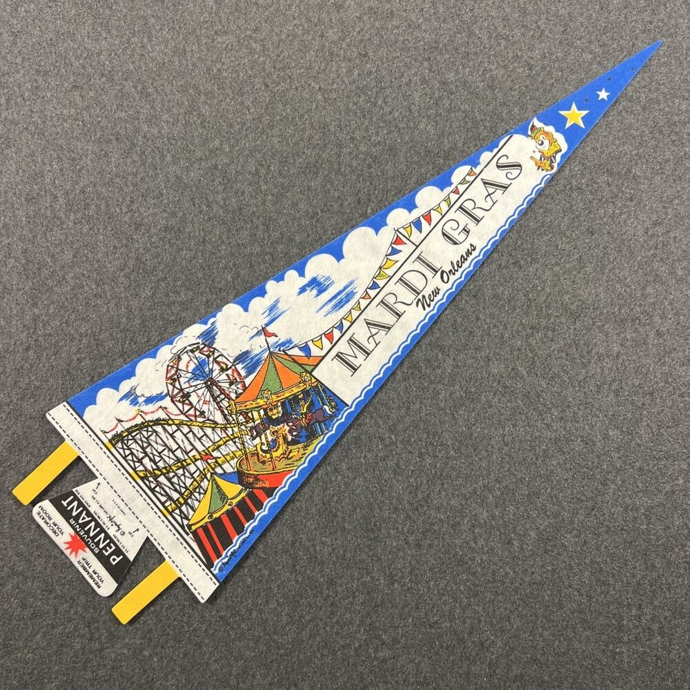 1976  NOS  New Old Stock  New Orleans Louisiana Pennant Mardi Gras Blue 27" x 8"